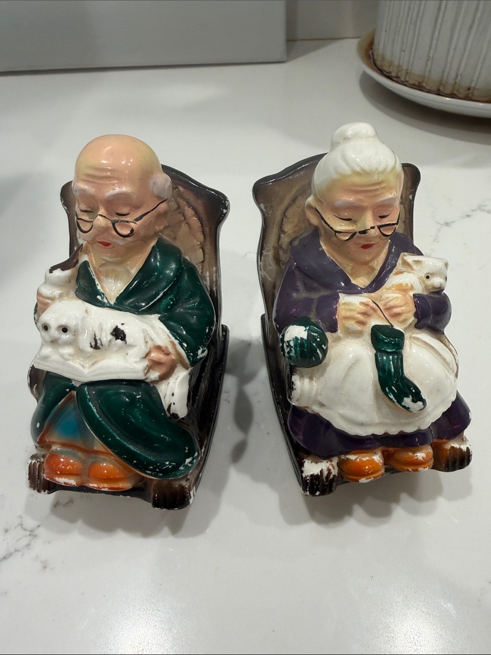 Vintage Elderly Japanese couple coin banks - Green & Purple